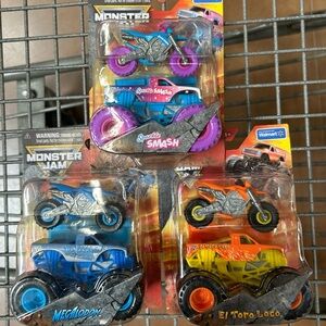 Monster Jam Toy Truck Set. Megalodon. El toro loco and sparkle smash.